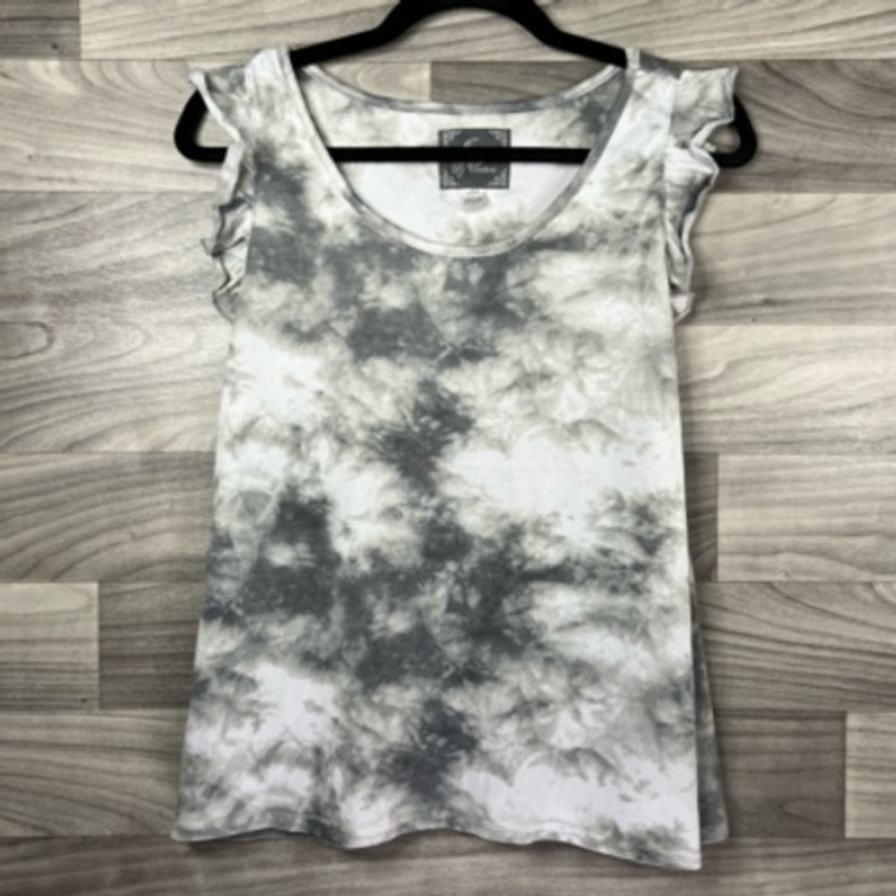 PJ Couture Pajama Top Womens L Gray White Tie Dye Ruffles Sleeveless Scoop Neck